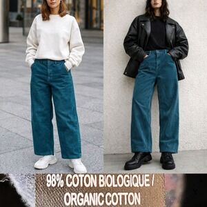 Teal Organic Cotton Corduroy Wide Leg Pants Relaxed Fit